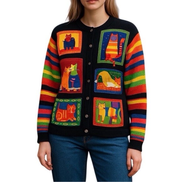 Cat Women's Sweater Cardigan Y2K Vintage - Picture 8 of 12